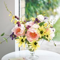 Artificial Wild Sophisticated Flower Stem Arrangement in Footed Glass Vase - Pink, Yellow, Green - thumbnail 1