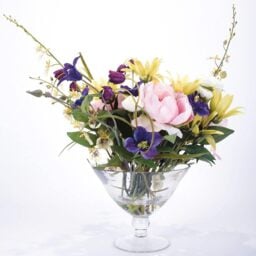 Artificial Wild Sophisticated Flower Stem Arrangement in Footed Glass Vase - Pink, Yellow, Green - thumbnail 2