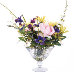 Artificial Wild Sophisticated Flower Stem Arrangement in Footed Glass Vase - Pink, Yellow, Green - thumbnail 4