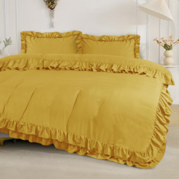Ruffled Duvet Cover Set 3 Piece Frill Border Quilt Cover with Pillowcases - Ochre / Single - thumbnail 5