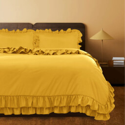 Ruffled Duvet Cover Set 3 Piece Frill Border Quilt Cover with Pillowcases - Ochre / Single - thumbnail 2