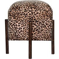 Leopard Print Velvet Footstool With Solid Wood Legs - Brown