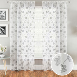 Pair of Slot Top Sheer Voile Panels with Floral paste print design - Grey / 137cm - thumbnail 4