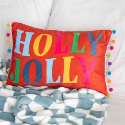 Red Holly Jolly Cushion with Pom Poms Festive Christmas Decor - Red - thumbnail 4