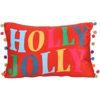 Red Holly Jolly Cushion with Pom Poms Festive Christmas Decor - Red - thumbnail 1