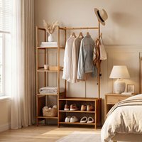 Multifunctional Coat Rack with Rail and Shelves - Light Brown - image 1