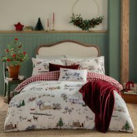Cotswolds Christmas Printed Reversible Duvet Cover Set King - Cream/Burgundy - image 1