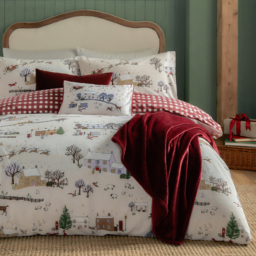 Cotswolds Christmas Printed Reversible Duvet Cover Set King - Cream/Burgundy - thumbnail 2