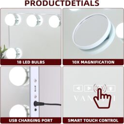 VANITII Mary Hollywood Vanity Makeup Mirror with Bluetooth 18 Dimmable LED Bulbs - Metal White - thumbnail 5