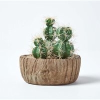 Homescapes Echinocactus Artificial Cactus in Round Wooden Planter, 15 cm Tall - Green