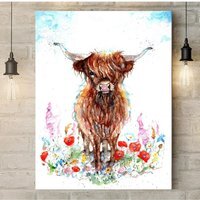Highland Cow in the Meadow Canvas - Brown / 32 x 24 in