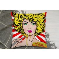 Pop Art Young Woman Eating Spaghetti Cushion - Red / 60 - image 1