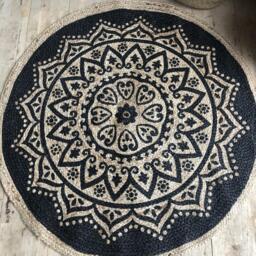 Round Circle Jute Rug With Mandala Print - Red - thumbnail 2