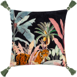 Midnight Jungle Velvet Tasseled Cushion - Noir / Polyester - thumbnail 2