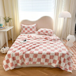 Plush Reversible Checkered Throw Blanket - Soft and Cozy - Pink + White / 200cm / 120cm - thumbnail 5