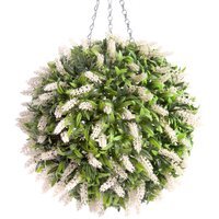 Best Artificial 38cm White Lush Lavender Hanging Basket Flower Topiary Ball - White