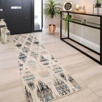 Beige Navy Blue Distressed Diamond Trellis Living Area Rug - Multicolour / 240 x 60cm