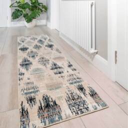 Beige Navy Blue Distressed Diamond Trellis Living Area Rug - Multicolour / 240 x 60cm - thumbnail 2