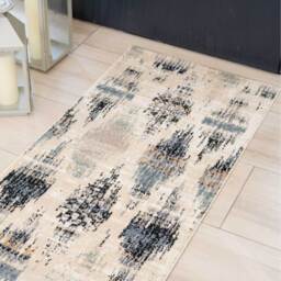 Beige Navy Blue Distressed Diamond Trellis Living Area Rug - Multicolour / 240 x 60cm - thumbnail 3