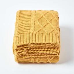 Diamond Cable Knit Cotton Throw - Mustard / 200cm - thumbnail 2