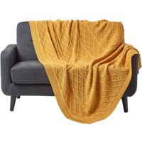 Diamond Cable Knit Cotton Throw - Mustard / 200cm - thumbnail 1