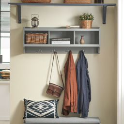 Wall Coat Rack with 3 Compartments and 4 Hooks - Grey - thumbnail 2