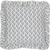 Lulah Block Printed Ruffle Cushion - Linen/Blue / Polyester