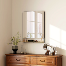 HOMCOM Decorative Mirror with Wood Shelf, Industrial Wall Mirror - Black / 60cm - thumbnail 2