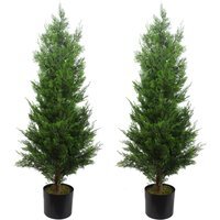 Pair Of Artificial Cedar Trees Real Wood Trunk 120cm - Green