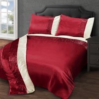 Satin Pleated Faux Silk Duvet Cover and Pillowcase Set - Red / Cream / Double - thumbnail 1