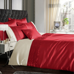 Satin Pleated Faux Silk Duvet Cover and Pillowcase Set - Red / Cream / Double - thumbnail 2