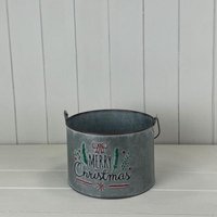 Grey Metal Bucket Merry Christmas with Over Handle - Grey