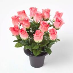 Homescapes Set of 3 Artificial Rosebuds with Gypsohila in Grave Vase - Pink, Violet, Yellow - thumbnail 3