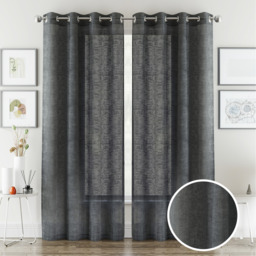 Pair of Plain Eyelet Header Sheer Linen-Look Voile Panels - Charcoal / 137cm - thumbnail 4