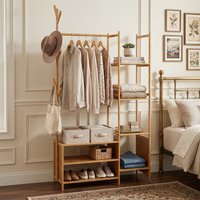 Multifunctional Coat Rack with Rail and Shelves - Natural Wood - thumbnail 1