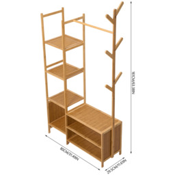 Multifunctional Coat Rack with Rail and Shelves - Natural Wood - thumbnail 2