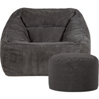 Giant Cord Armchair Bean Bag with Round Footstool - Charcoal Grey