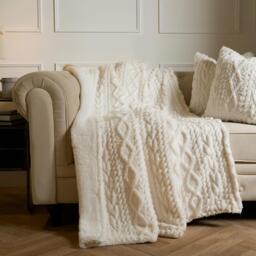Cable Knit Sherpa Texture Throw - Cream - thumbnail 2