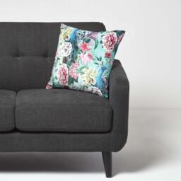 Floral Peacock Pink Green Filled Velvet Cushion - Green - thumbnail 2