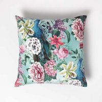 Floral Peacock Pink Green Filled Velvet Cushion - Green