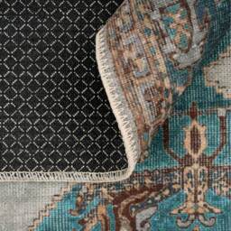 Distressed Bordered Medallion Persian Non Slip Washable Area Rug - Teal Blue / 110 x 60cm - thumbnail 5