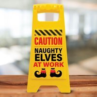Caution Naughty Elves at Work Sign  Funny Kids Xmas Decoration - Black