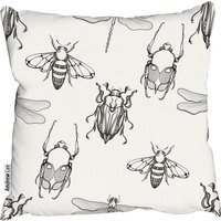 Sketch Of Scarab Beetle, May Bug, Bee And Dragonfly Cushion - White / 60cm