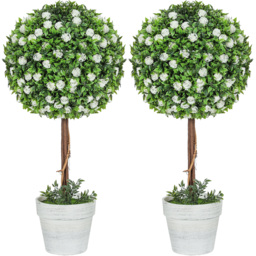 HOMCOM Set of 2 Artificial Ball Topiary Tree with Rose Flower in Pot - White - thumbnail 5