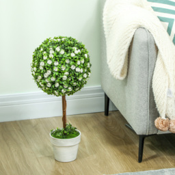 HOMCOM Set of 2 Artificial Ball Topiary Tree with Rose Flower in Pot - White - thumbnail 4