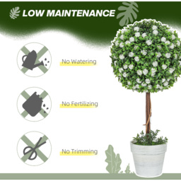 HOMCOM Set of 2 Artificial Ball Topiary Tree with Rose Flower in Pot - White - thumbnail 2