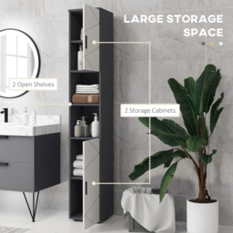kleankin Tall Bathroom Storage Cabinet with Doors and Shelves - Light Grey - thumbnail 4