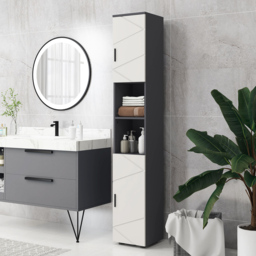 kleankin Tall Bathroom Storage Cabinet with Doors and Shelves - Light Grey - thumbnail 2