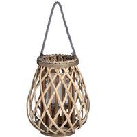 Small Coastal Wicker Lantern with Glass Candle Holder and Rope Handle - Brown