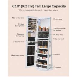 SONGMICS LED 360 Swivel Mirror Jewellery Cabinet - White / 55x55x162cm - thumbnail 4
